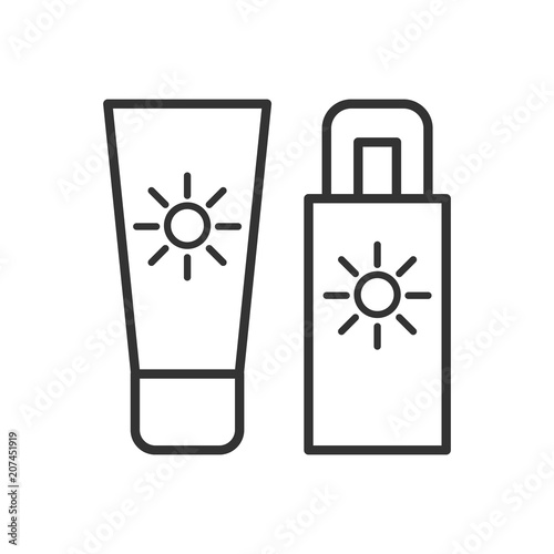 Black isolated outline icon of sunscreen on white background. Line Icon of sun block.