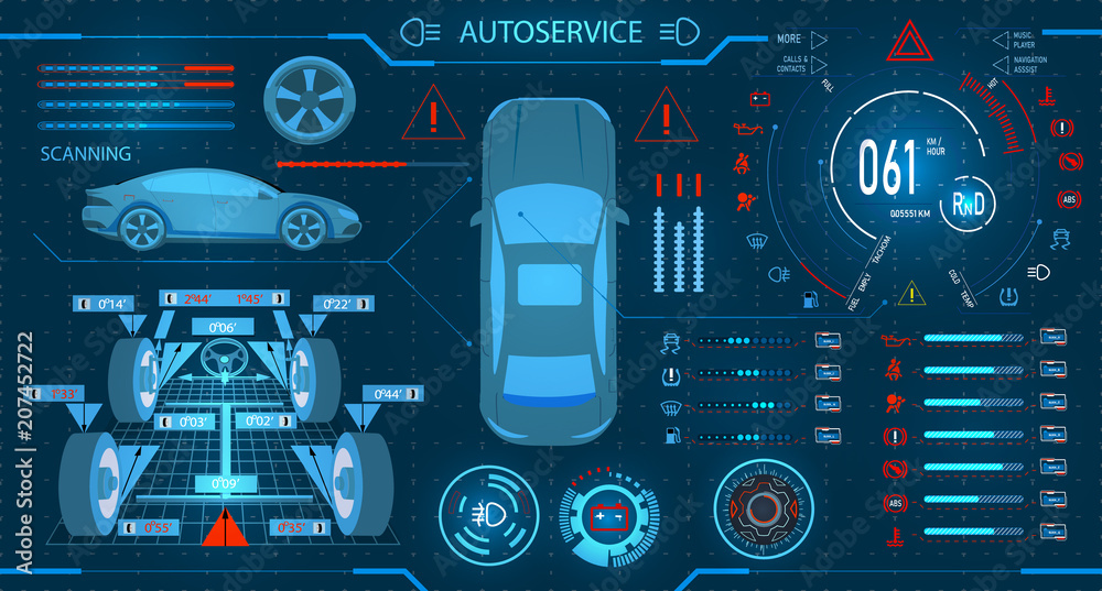 Car service. Scanning. Diagnostic alignment of the wheels. Car digital