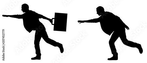 Silhouettes of men running to catch up isolated on white
