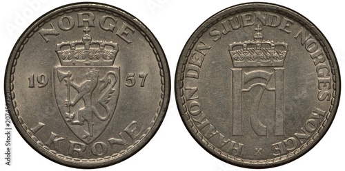 Norway Norwegian 1 one krona 1957, crowned shield with lion holding hatchet divides date, crowned monogram of King Haakon II, photo