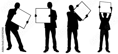 Silhouettes of people holding panels isolated on white