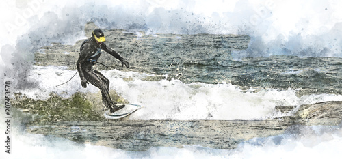 River surfing watercolor