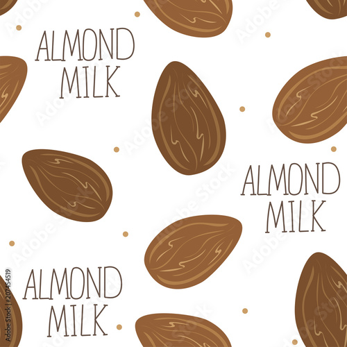 Almond milk - vector set of design elements and pattern for packaging background in linear style