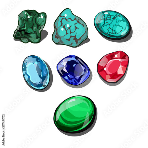 Set of precious stones isolated on white background. Vector cartoon close-up illustration.
