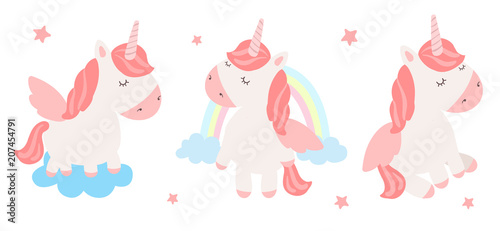 Vector set of cute unicorns. Adorable magic animal on background, pastel colors.