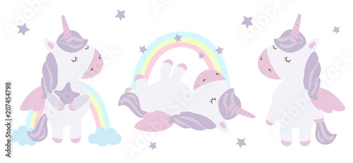 Vector set of cute unicorns. Adorable magic animal on background, pastel colors.