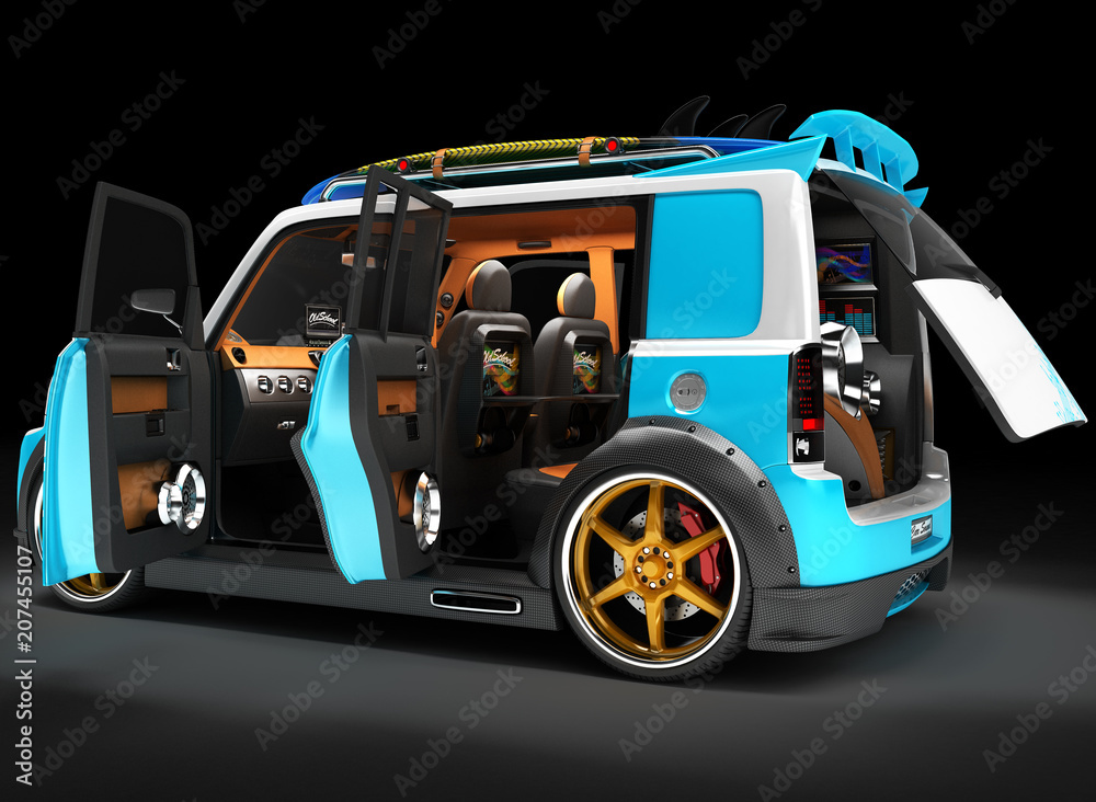 Fototapeta premium Interior of a youth car for outdoor activities. Exibition for the competition of automotive music. Completed in the style of the old school.