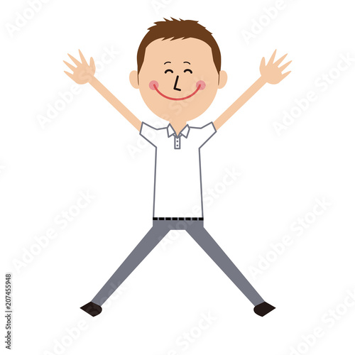 短髪のポップなビジネスマン　クールビズ　白いポロシャツ　大の字ジャンプ