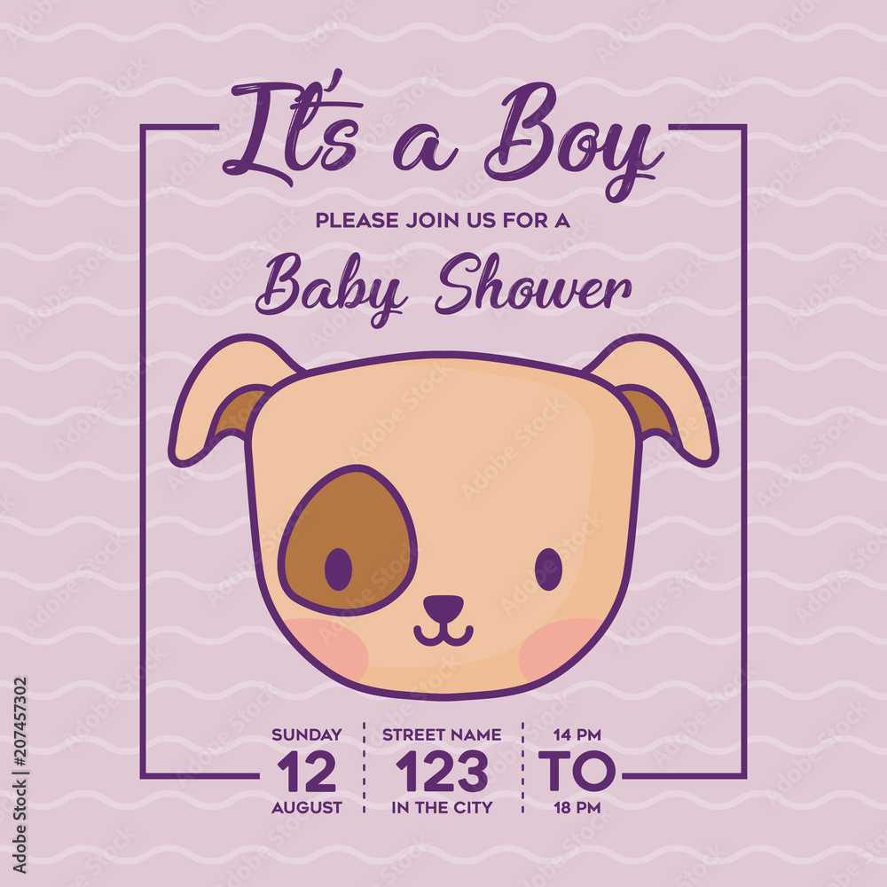 baby shower invitation with its a boy concept with cute dog icon over purple background, colorful design. vector illustration