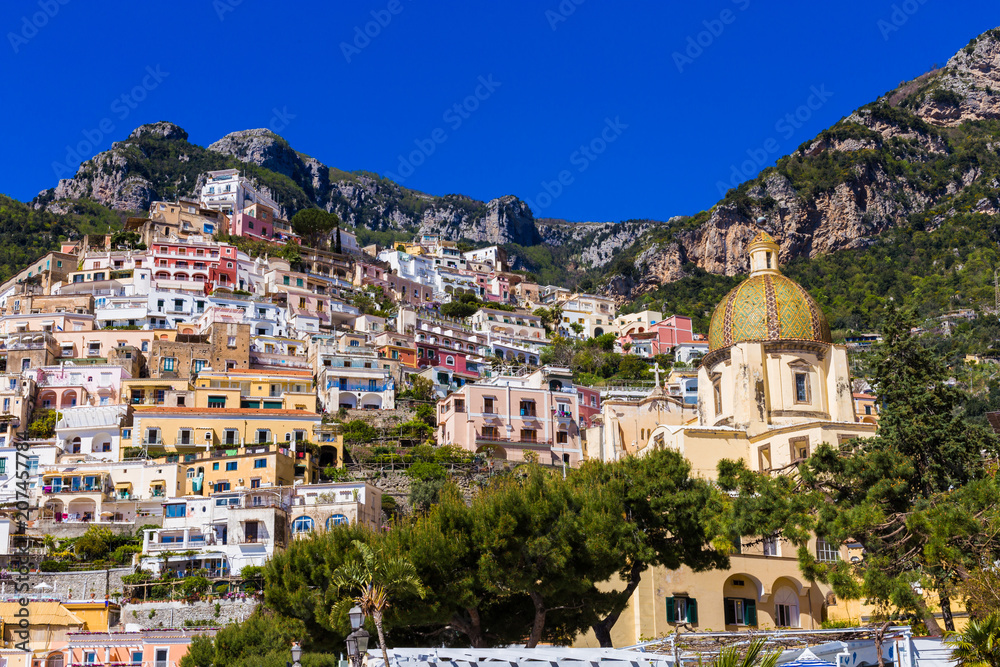 Beautiful colorful cityscape on the mountains over sea, Europe, traditional Italian architecture. Amalfi Coast - architectural and travel background