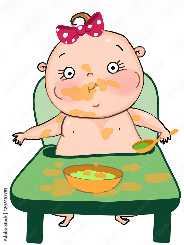 cute baby girl eating her food cartoon mascot Stock Illustration | Adobe  Stock