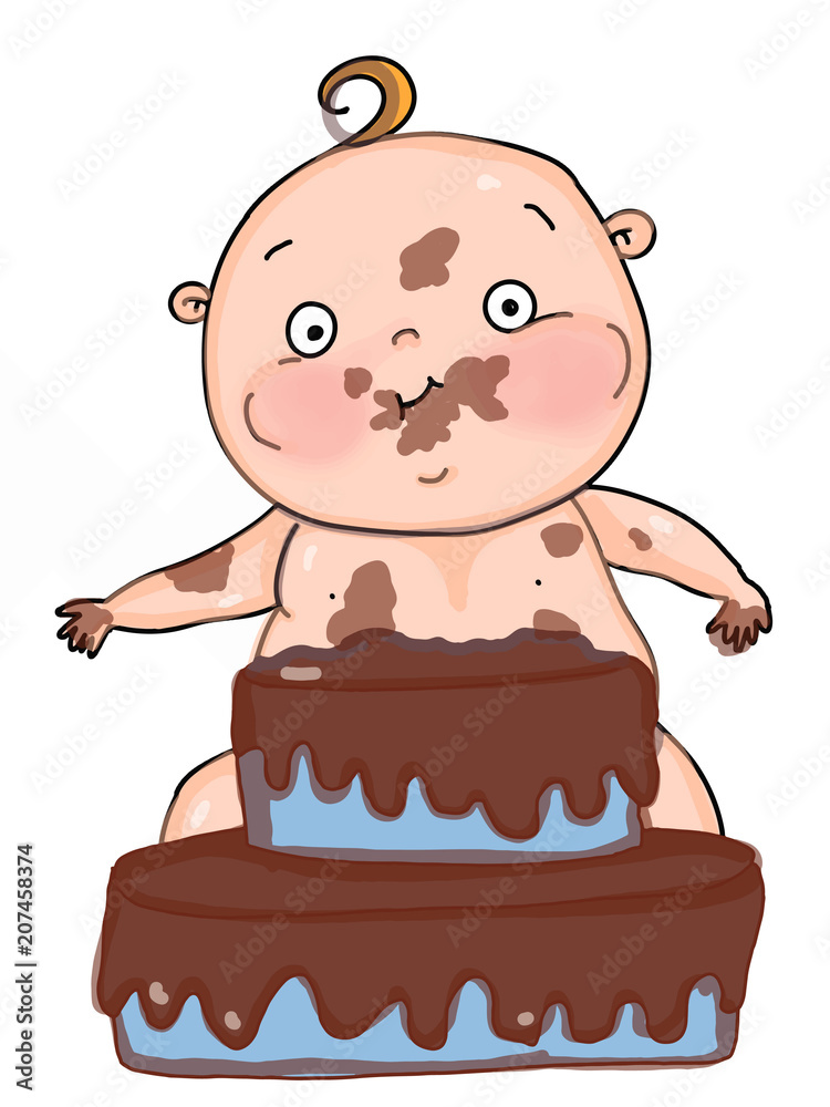 Cute baby, boy, eating birthday cake , cartoon ,mascot . Stock