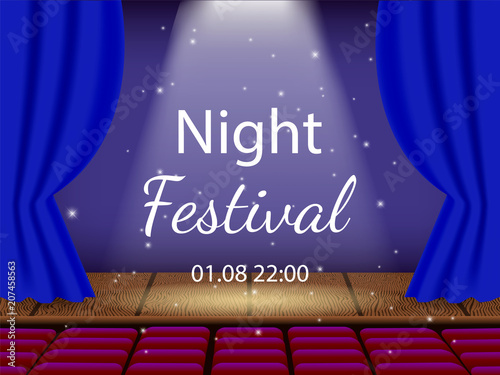 Vector illustrationl. Empty theater stage and opened curtains. Auditorium with empty seats. Night show.