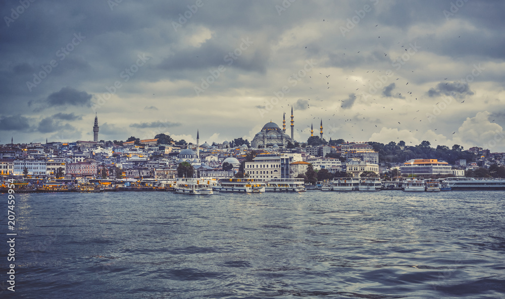 Sea front landscape of Istanbul historical part. Sea view of Istanbul. Turkey travel concept