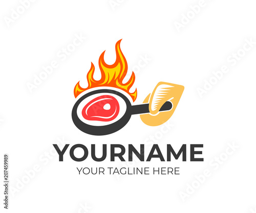 Hand in mitt or glove, holding fry pan on fire with bacon, logo template. Hand in mitten or potholder, holds a frying pan, vector design. Restaurant and fast food, illustration