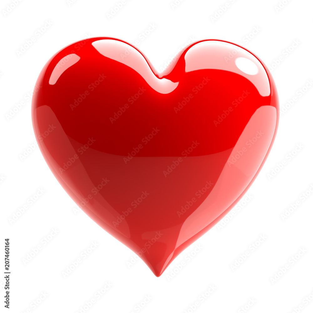 Red glossy heart. Love symbol. Isolated on white background. 3d Illustration - obrazy, fototapety, plakaty 