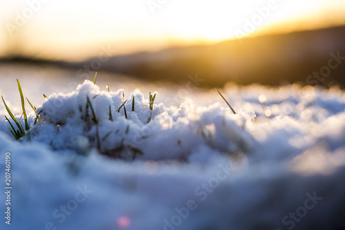 snow on a layer of grass