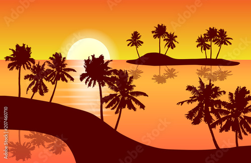 Fototapeta Naklejka Na Ścianę i Meble -  Tropical island landscape vector with palm trees in orange sunset reflected in a lagune.