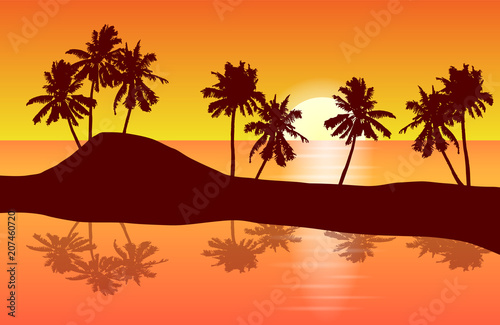 Tropical island landscape vector with palm trees in orange sunset reflected in a lagune.