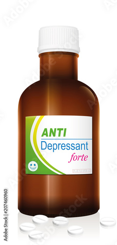 Pills named Anti Depressant forte with a smiling pill as the brand logo on the bottle. It is a medical fake product, which alludes to the handling with psychotropic drugs. Vector on white.
