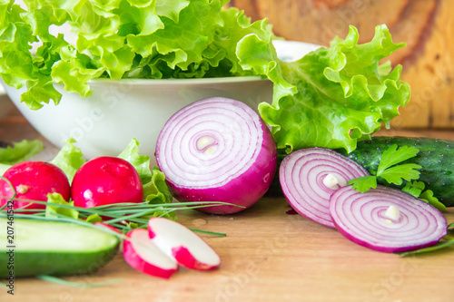 Healthy vegan salad ingredients. Sliced radish, lettuce, cucumber,red onion and fresh herbs