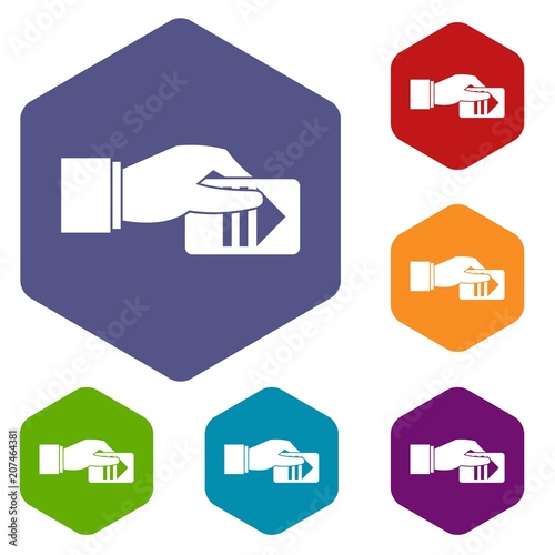 Hand with parking ticket icons set rhombus in different colors isolated on white background
