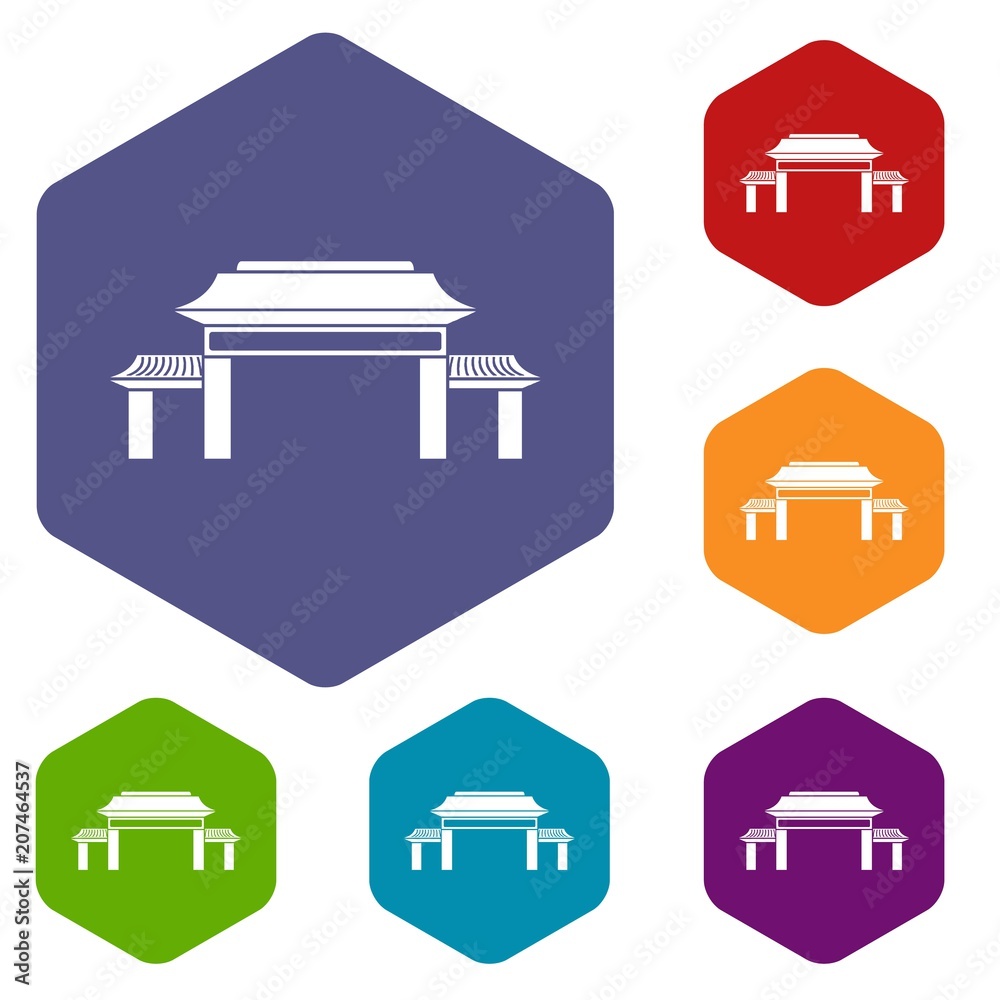 Pagoda icons set rhombus in different colors isolated on white background