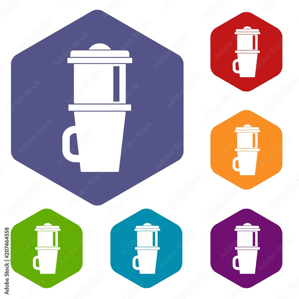 Mug for coffee icons set rhombus in different colors isolated on white background Mug for coffee icons set rhombus in different colors isolated on white background