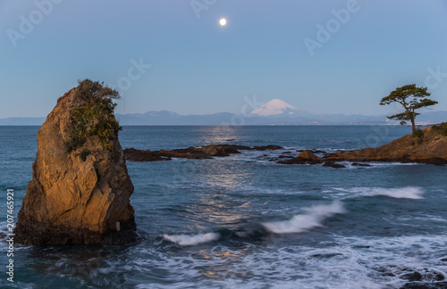 Moon Night seascape of Sagami Bay and Mt.Fuji seen from Tateishi park view point. Tateishi Park is located west side of Miura Peninsula. It is one of the 50 views of Kanagawa photo