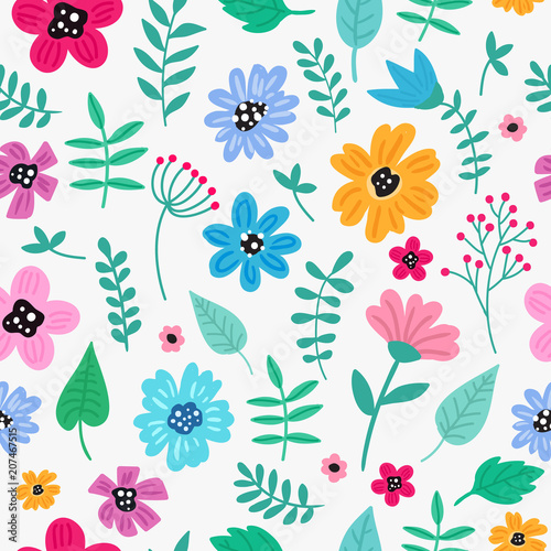 Cute hand drawn floral colorful seamless pattern. Perfect for scrapbooking, wrapping paper, textile etc. Ditsy print. Vector illustration