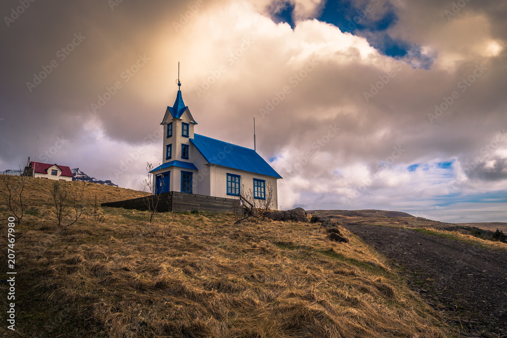 Icelandic countryside - May 06, 2018: Church in a small town in Iceland