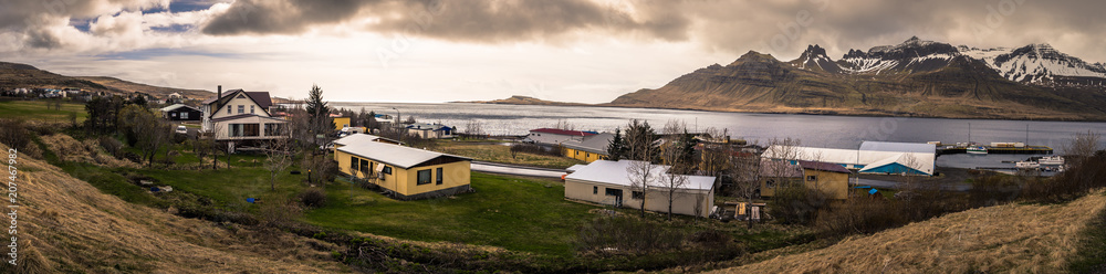 Icelandic countryside - May 06, 2018: Panorama of small town in Iceland