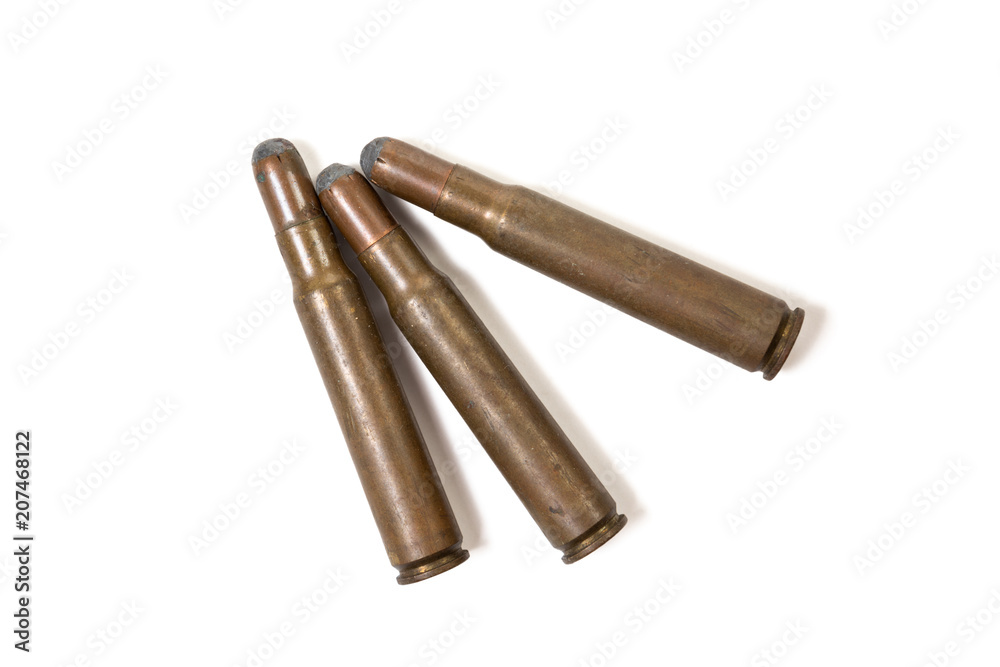 Early 8mm round nosed ammunition before 1905 for the German Mauser Gewehr M1898 rifle isolated on white. Commercial import for the US Super Speed.