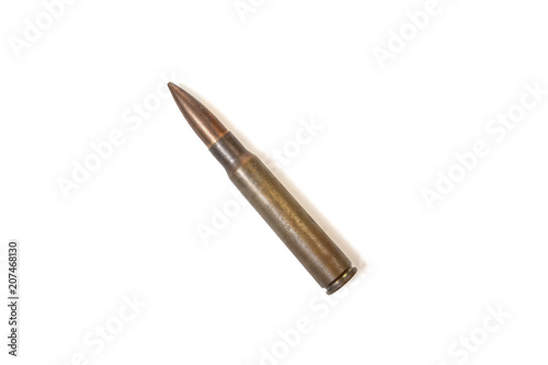 Early 8mm Spitzer nosed, pointed, nosed ammunition after 1905 for the German Mauser Gewehr M1898 rifle isolated on white