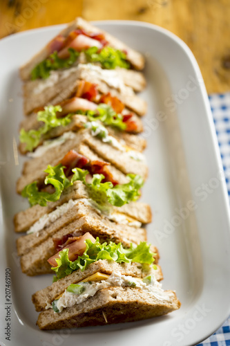 Bacon lettuce tomato sandwich with spring onion & mayo