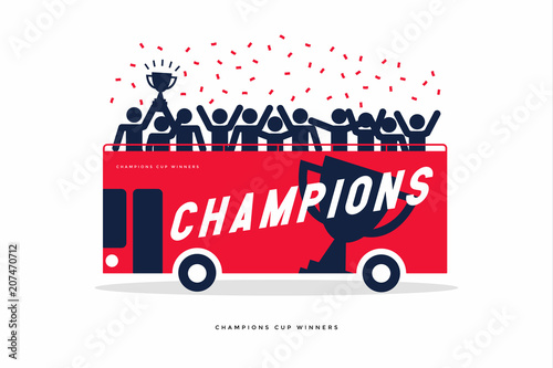 Stick Figures of The Winner Cup Soccer or Football Champions Celebration on the Open Top Buses.