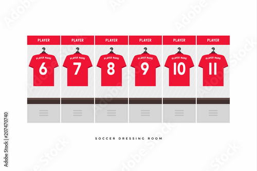 Football or soccer dressing room. Red shirt football team.