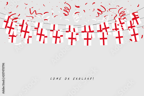 England garland flag with confetti on gray background, Hang bunting for England celebration template banner.