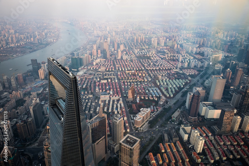 Photography Iconic Shanghai from above the sky - Haze - TV Oriental Tower - Sunset