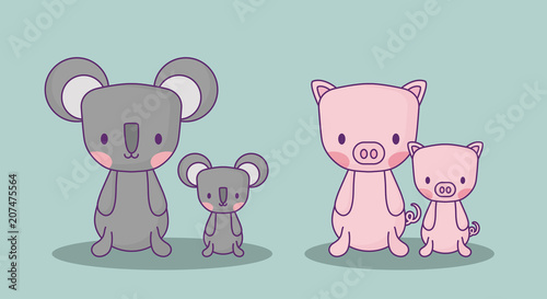 Canvas Print cute koalas and pigs over blue background, colorful design