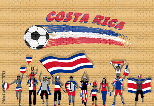 Tableau sur toile Costa Rican football fans cheering with Costa Rica flag colors in front of socce