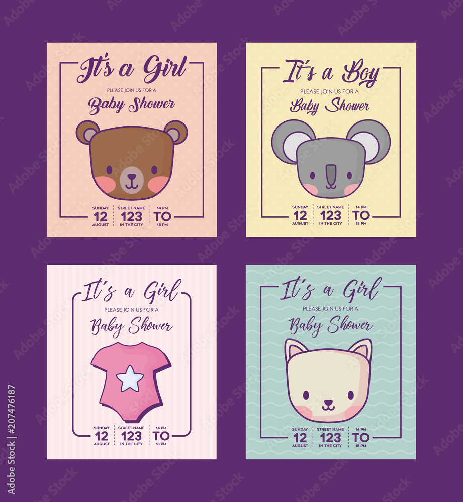 Icon set of baby shower invitations with cute animals over purple background, colorful design. vector illustration