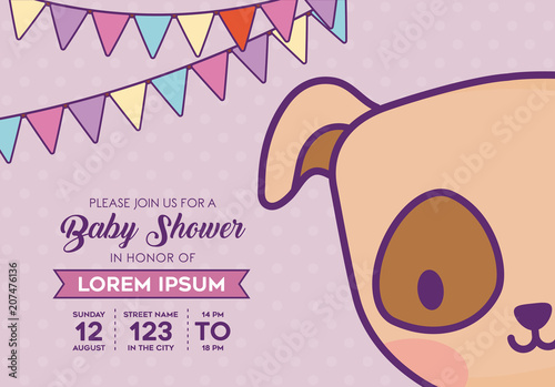 Baby shower invitation card with cute dog icon and decorative pennants over purple background, colorful design. vector illustration