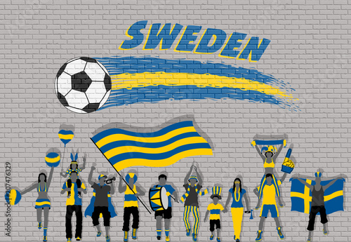 Swede football fans cheering with Sweden flag colors in front of soccer ball graffiti