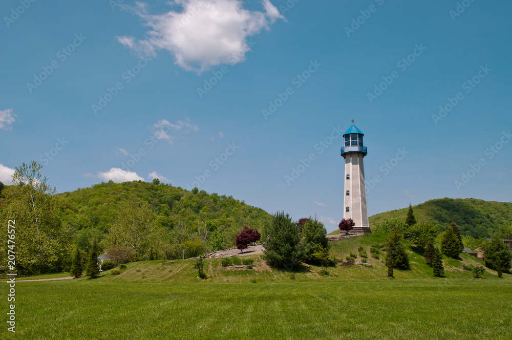 A lighthouse under beautiful blue skies in Tionesta, Pennsylvania