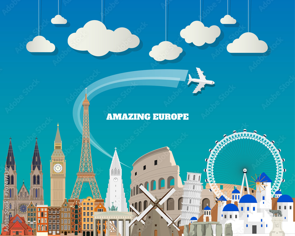 Europe famous Landmark paper art. Global Travel And Journey Infographic. Vector Flat Design Template.vector/illustration.Can be used for your banner, business, education, website or any artwork.