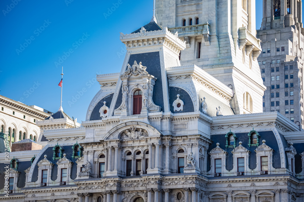 Fototapeta premium Exterior detail of the Philadelphia City Hall building, designed in French Second Empire style, completed in 1901.