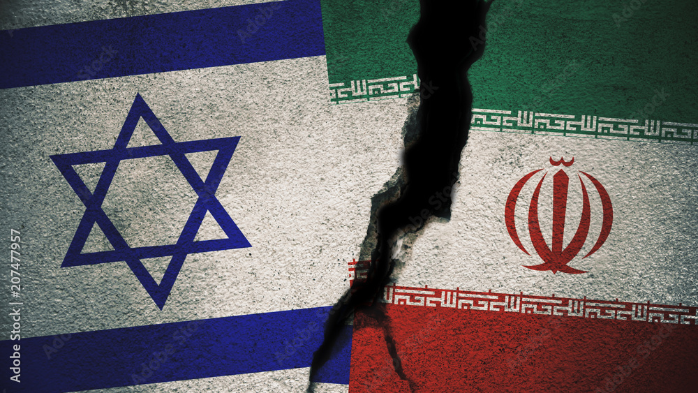 Obraz premium Israel vs Iran Flags on Cracked Wall 
