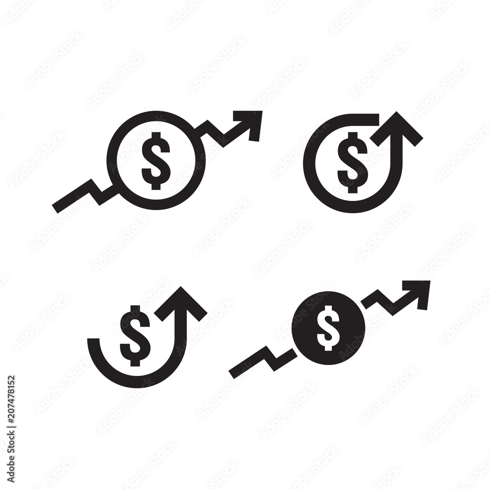 dollar increase icon set. Money symbol with arrow stretching rising up. Business cost sale icon. vector illustration dollar increase icon set. Money symbol with arrow stretching rising up. Business cost sale icon. vector illustration