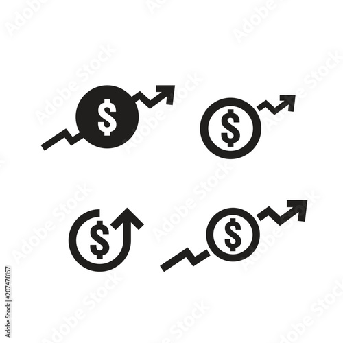 dollar increase icon set. Money symbol with arrow stretching rising up. Business cost sale icon. vector illustration